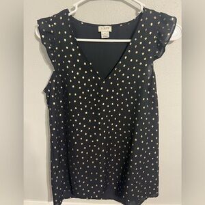 J. Crew Size 00 Short Sleeve Black Gold Polka Dots V Neckline‎ Ruffle Sleeve